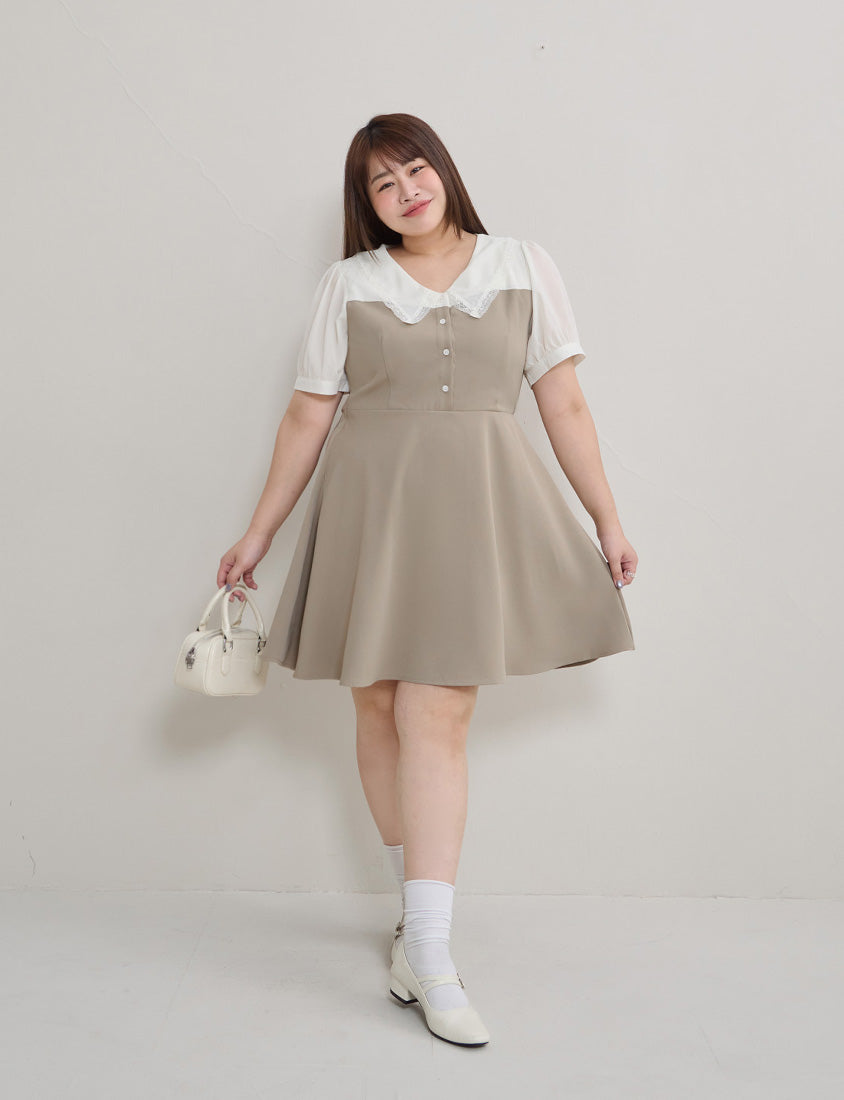 Faux Two Piece Lace Collar Plus Size Mini Dress