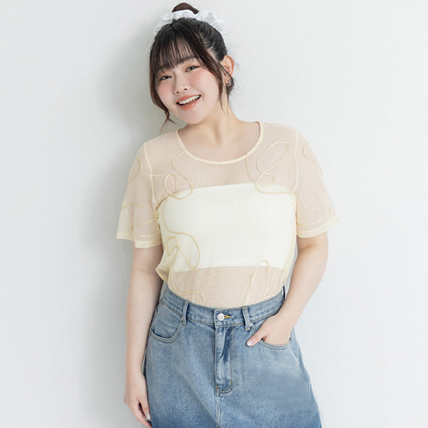 Japanese Style Wavy Line Sheer Textured Plus Size Top