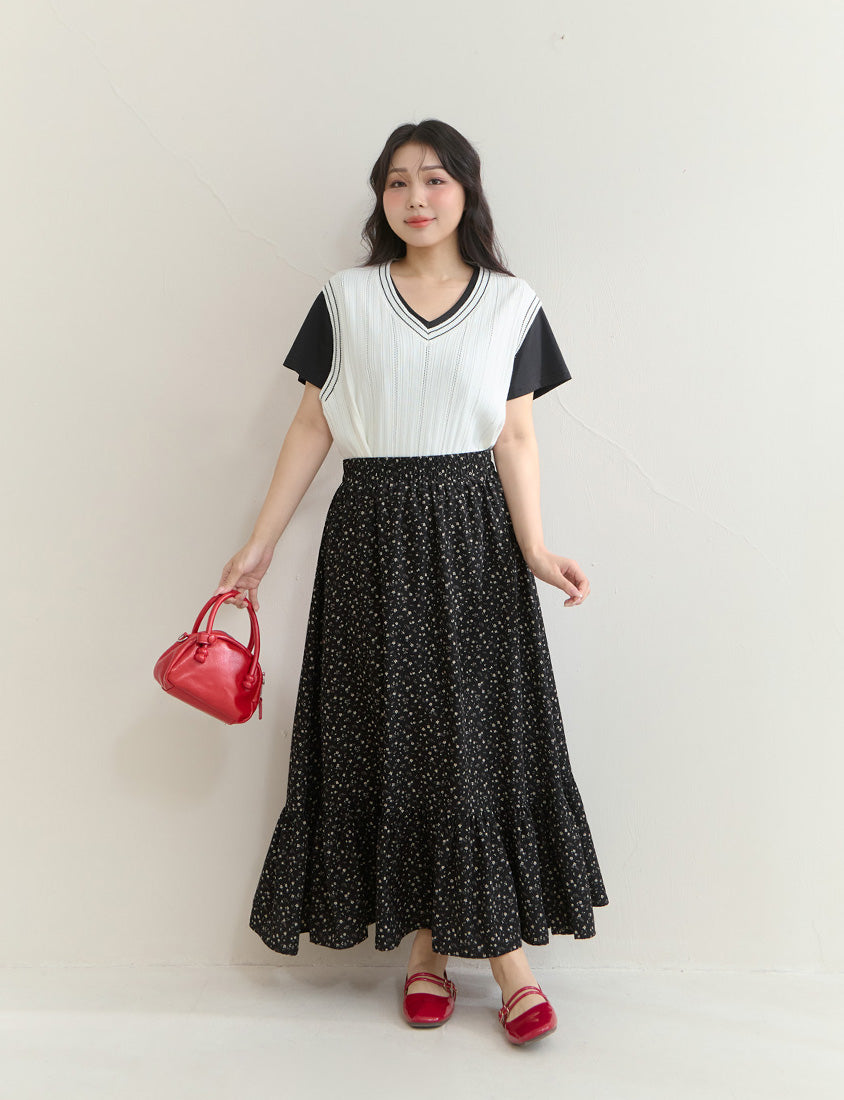Soft Floral Full Elastic Waist Plus Size Tiered Maxi Skirt