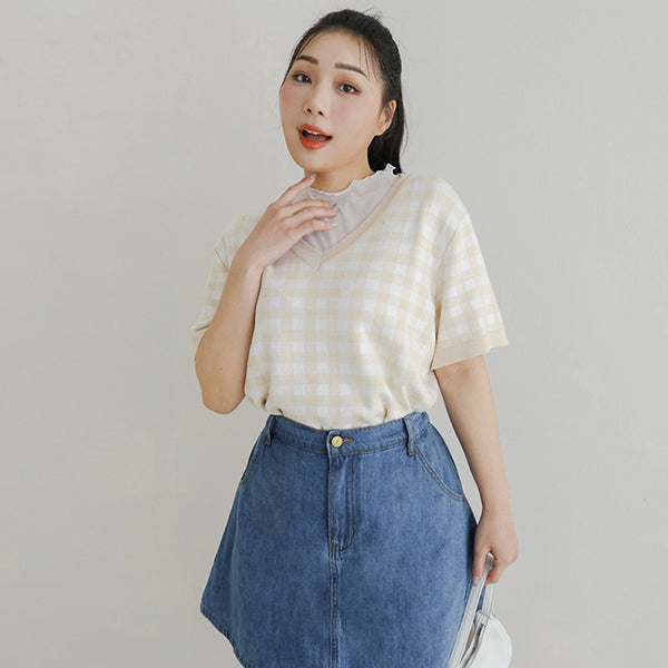 Plaid V-Neck Knit Plus Size Short Sleeve Top