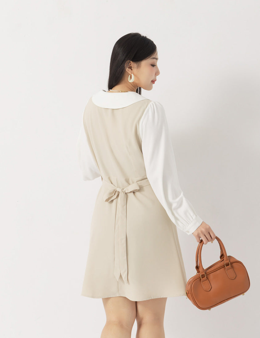MISS. Faux Two Piece Chiffon Plus Size Long Sleeve Dress (With Waist Tie)