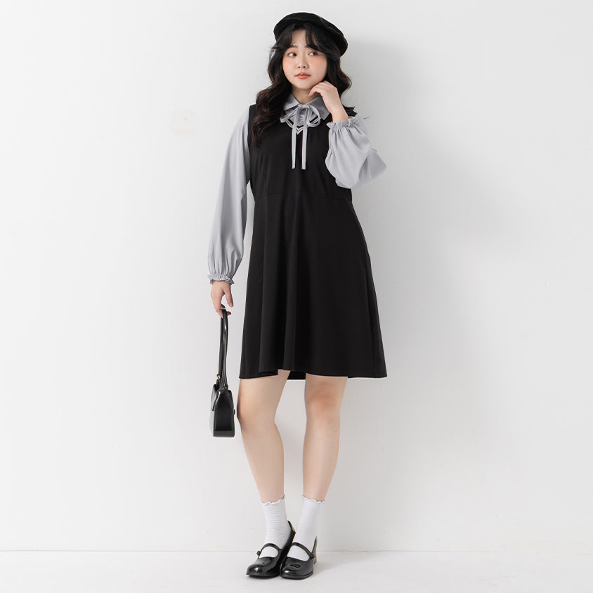 Preppy Contrast Color Faux Two-Piece Plus Size Mini Dress (With Tie)