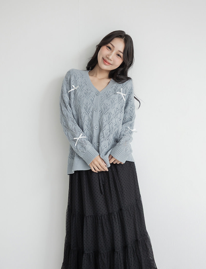 Sweet Bow-Detail Openwork Knit Plus Size Cardigan