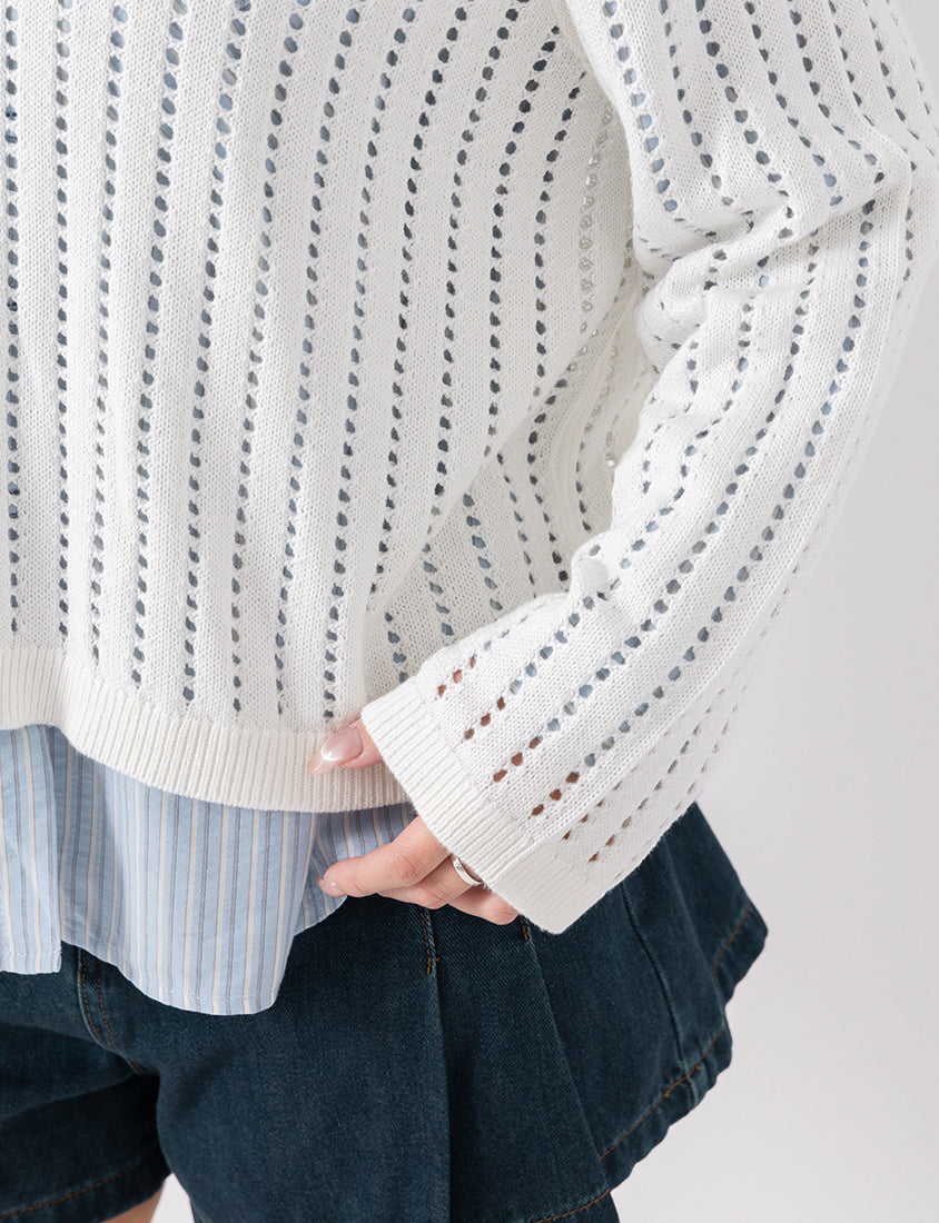 Crew Neck Openwork Ribbed Knit Long Sleeve Plus Size Top