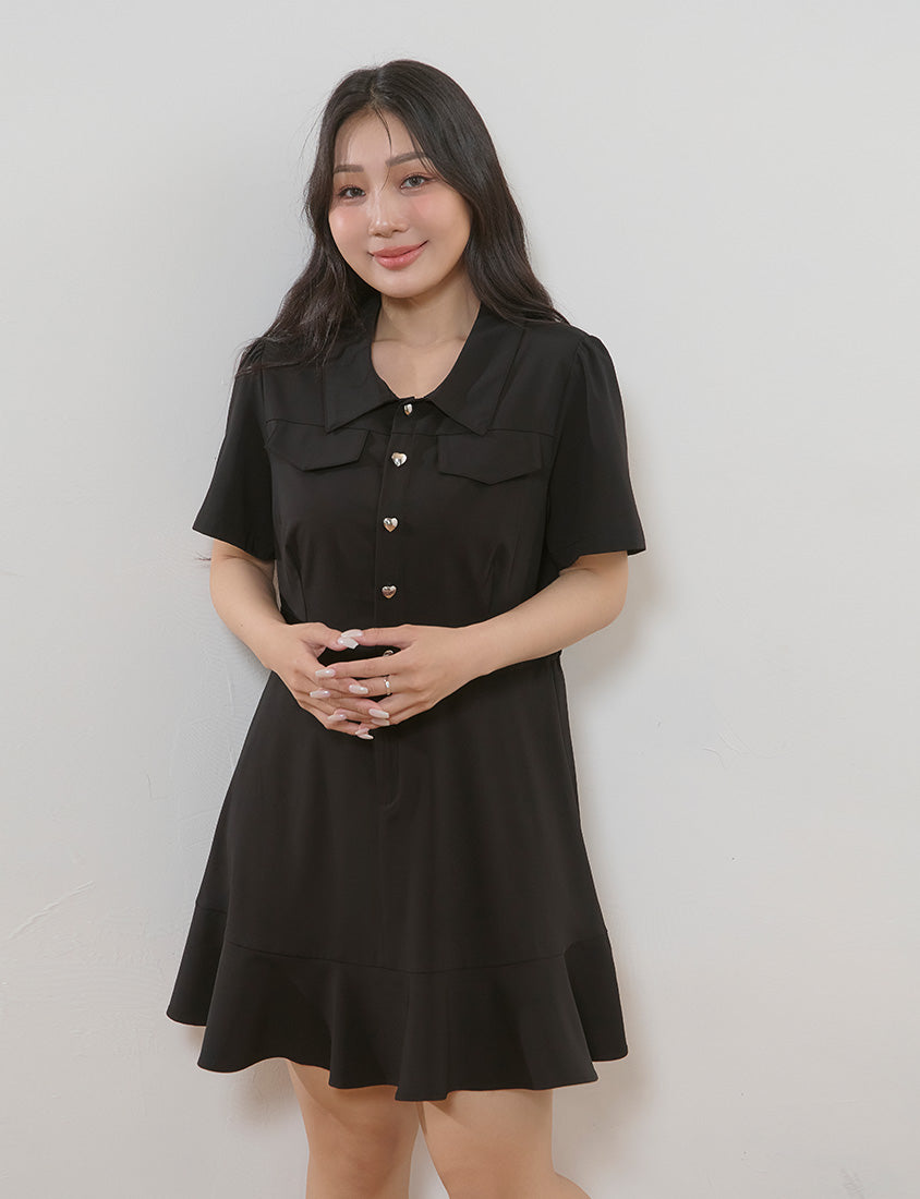 Elegant Heart Button Collar Plus Size Mini Dress