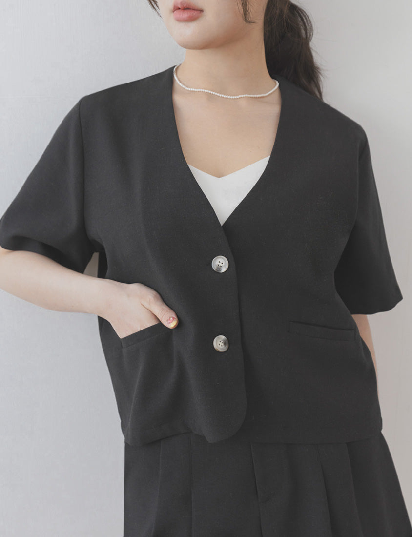 MISS. Wrinkle-Resistant Soft Linen Collarless Blazer Plus Size Jacket