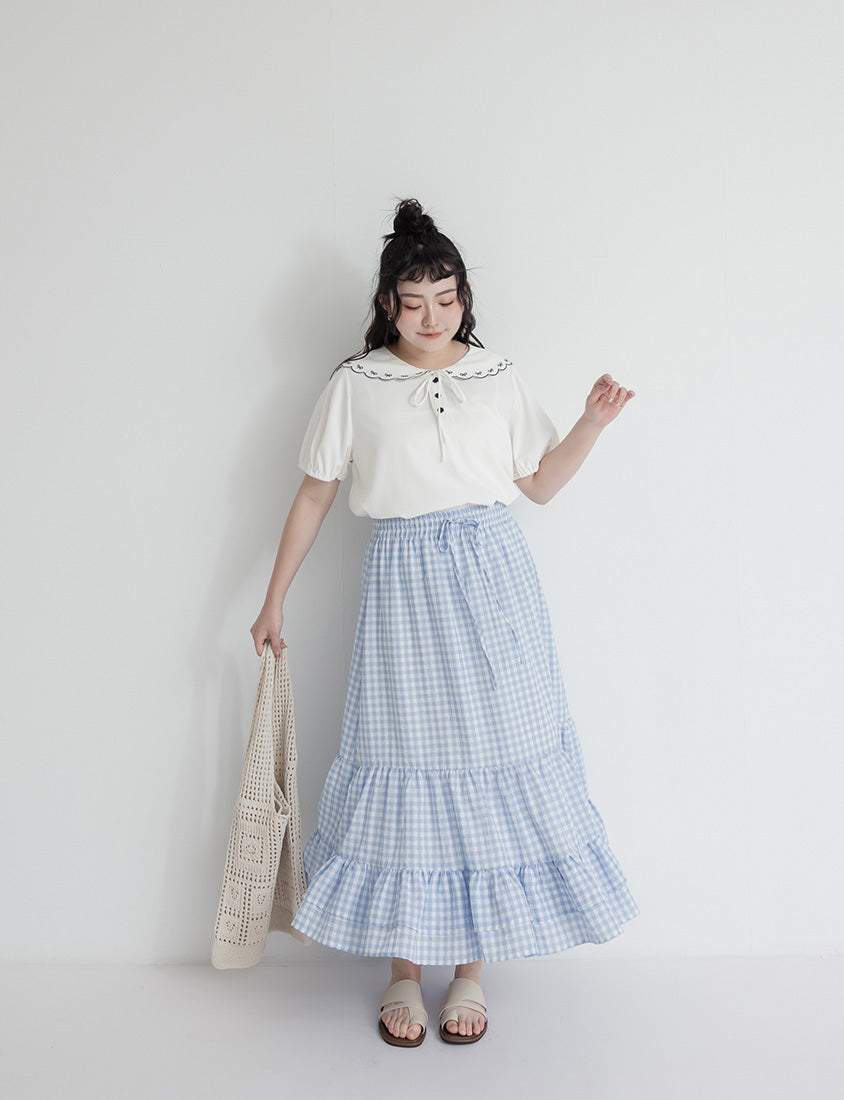 Cute Bow Embroidered Collared Plus Size Top