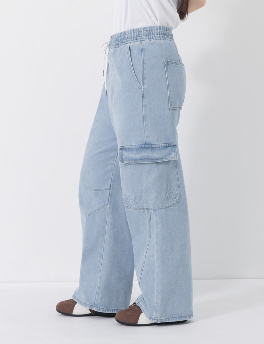 Washed Elastic Waist Plus Size Denim Cargo Pants