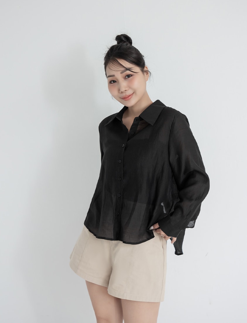 Tencel Silky Sheer Back Slit Tie-Front Plus Size Shirt