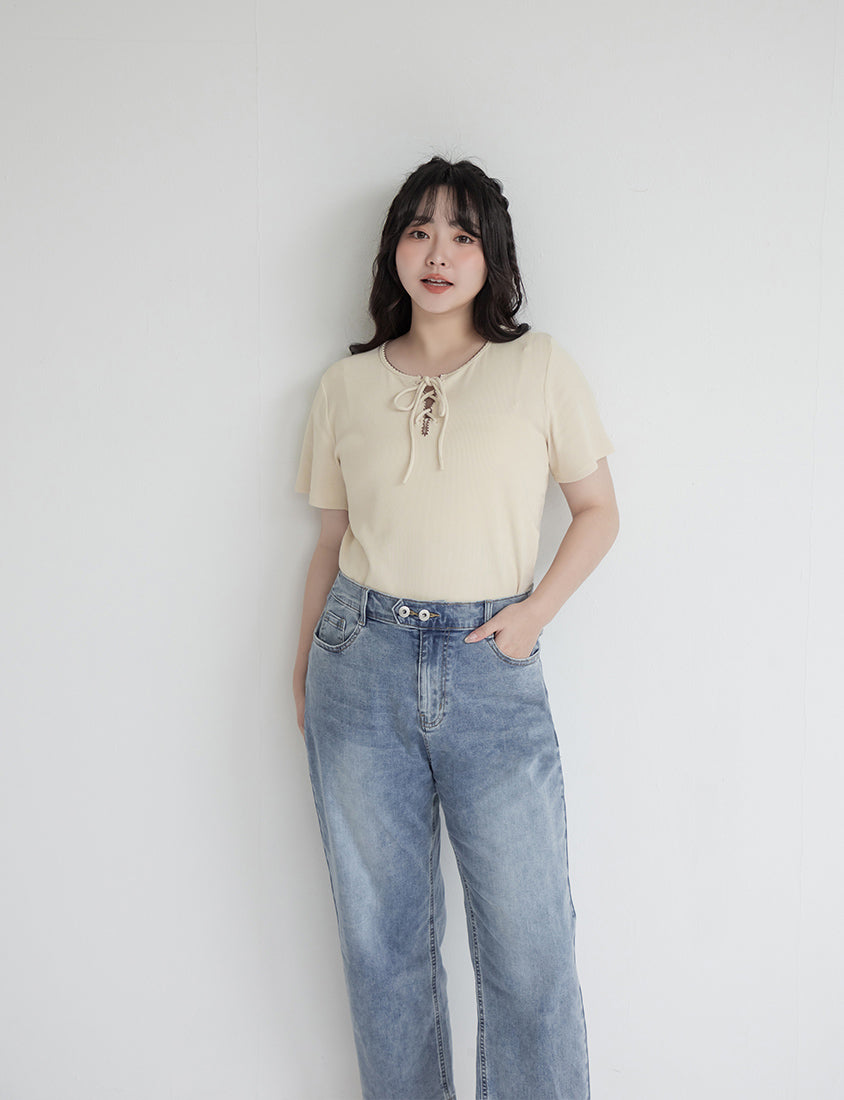Ruffle Trim Ribbed Tie Front Short Sleeve Plus Size Top
