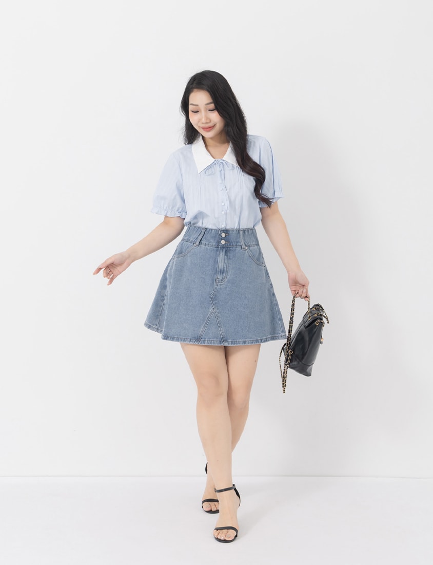 Sweet Pleated Collar Tie-Front Puff Sleeve Plus Size Shirt