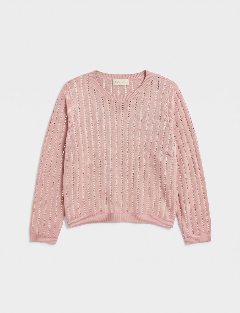 Crew Neck Openwork Ribbed Knit Long Sleeve Plus Size Top
