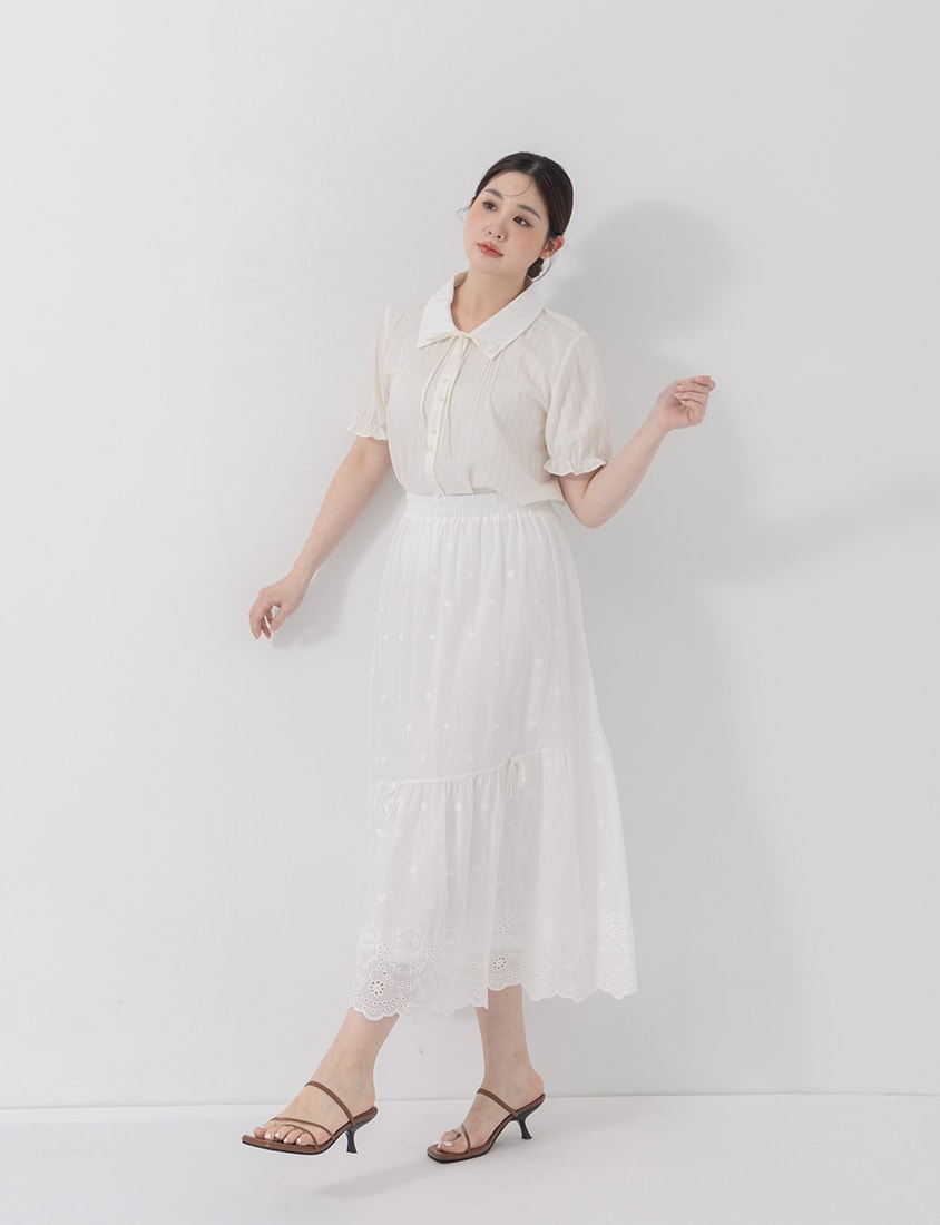 Sweet Pleated Collar Tie-Front Puff Sleeve Plus Size Shirt