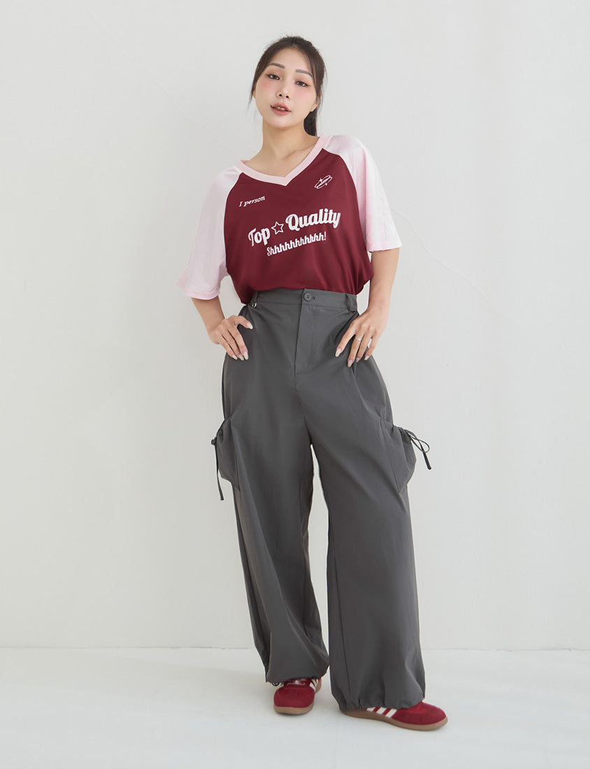 American Style Contrast V-Neck Oversized Jersey Plus Size Tee