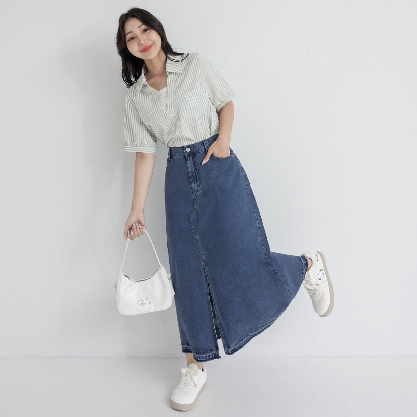 Cooling Tencel Denim Slit Plus Size Maxi Skirt