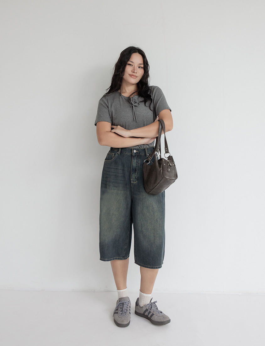 Korean Style Vintage Washed Plus Size Cropped Jeans