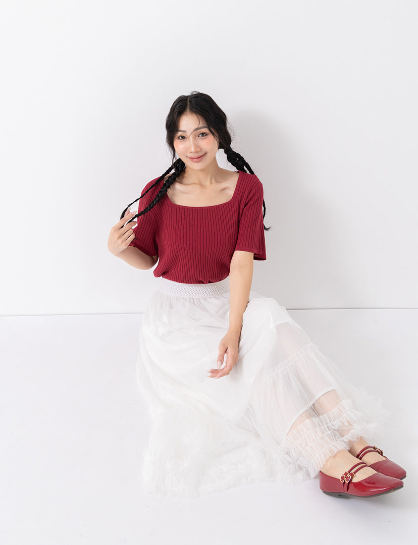 Classic Multicolor Square Neck Ribbed Knit Plus Size Top