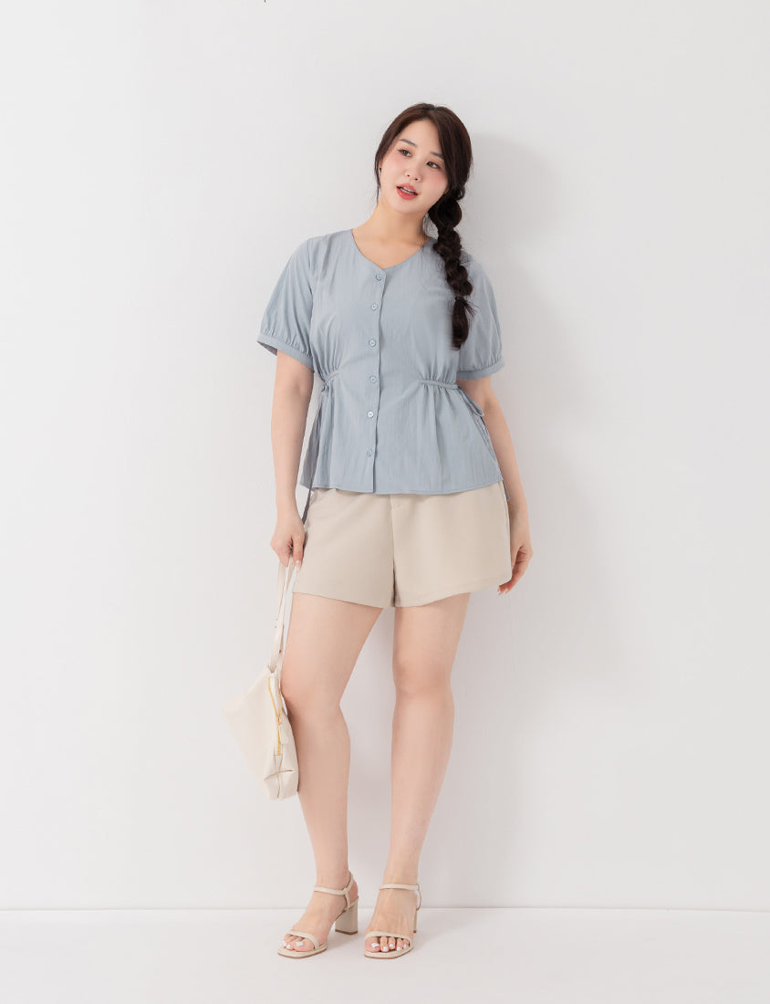 V-Neck Button Front Tie Waist Plus Size Top