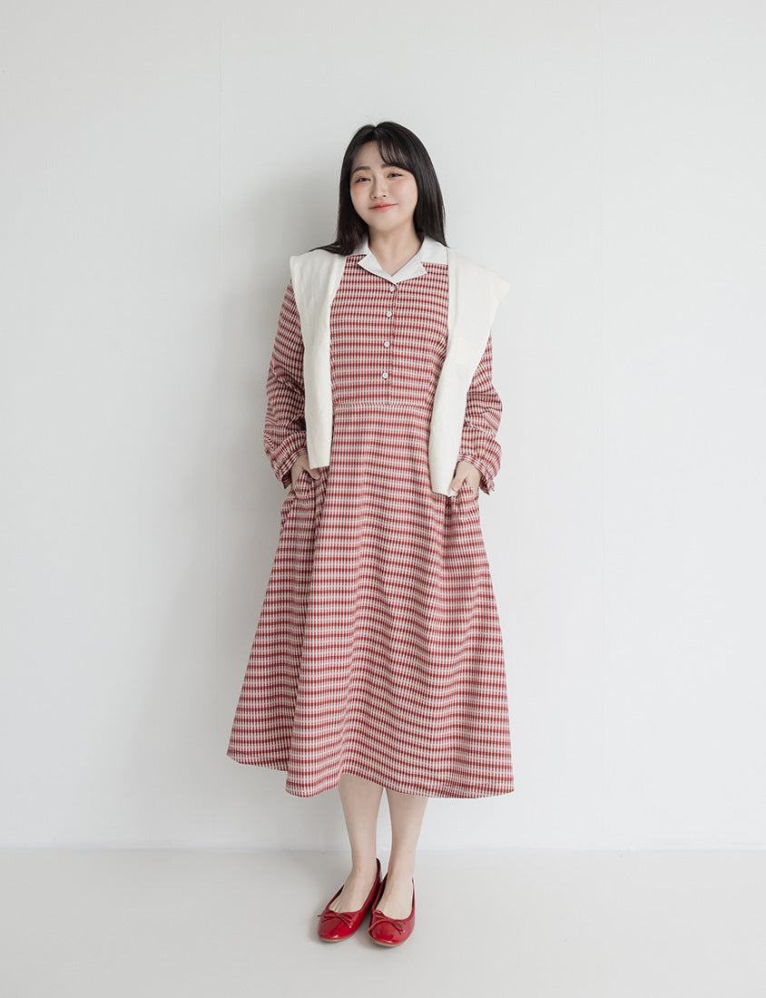 Contrast Cuban Collar Vintage Plaid Plus Size Maxi Dress