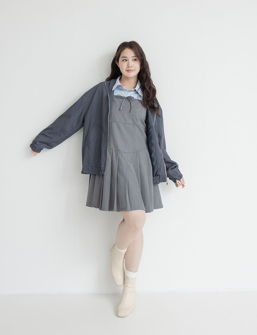 Square Neck Tie-Front Pleated Pinafore Plus Size Mini Dress