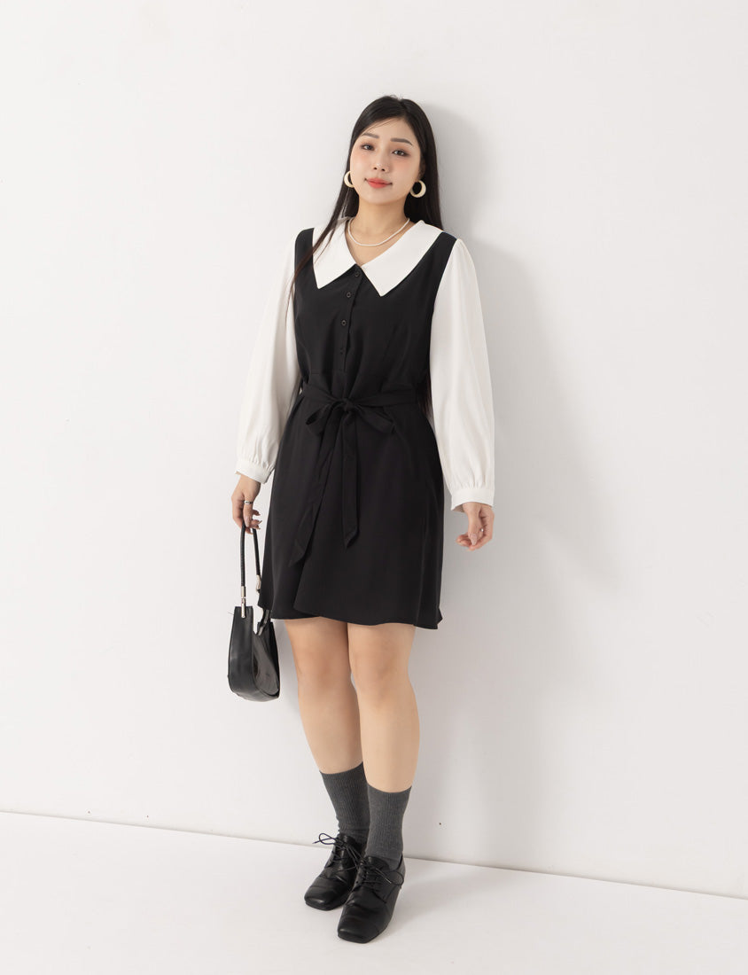 MISS. Faux Two Piece Chiffon Plus Size Long Sleeve Dress (With Waist Tie)