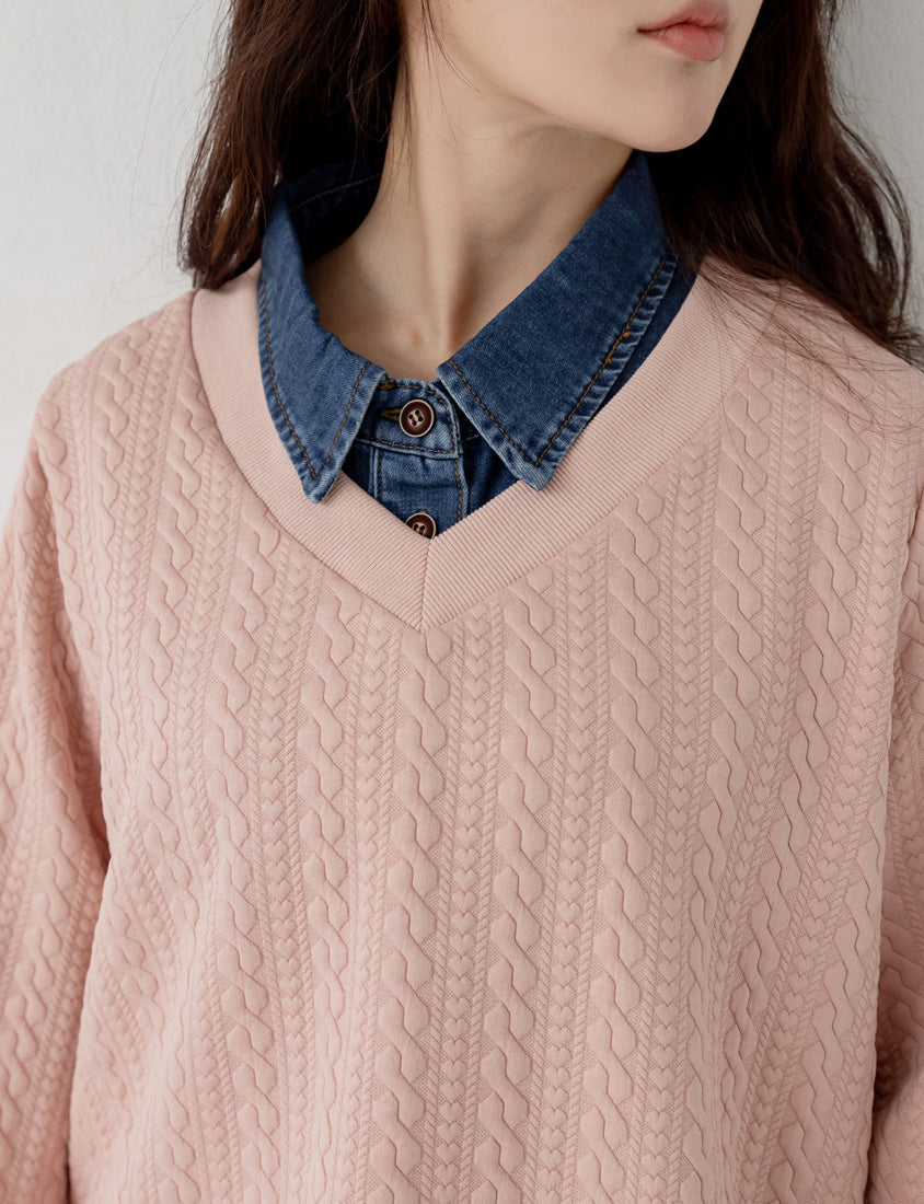 Korean Style V-Neck Embossed Cable Plus Size Sweater