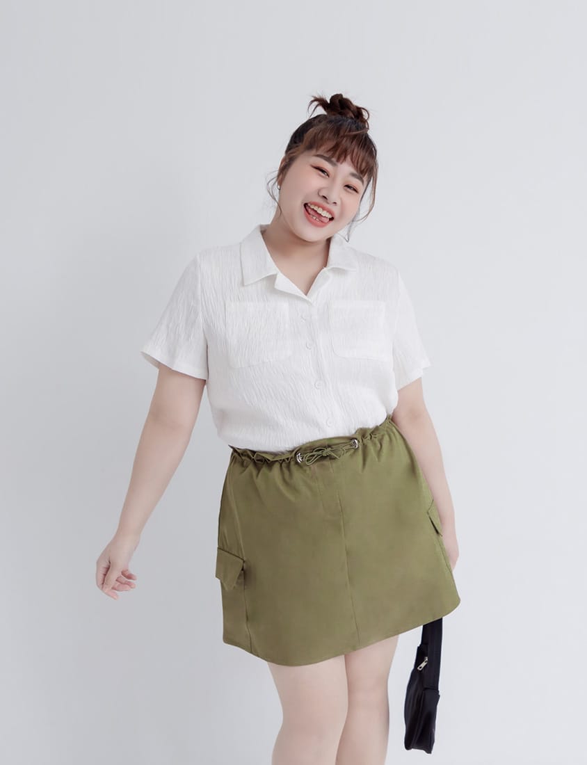 Cuban Collar Crinkled Texture Large Pocket Plus Size Shirt