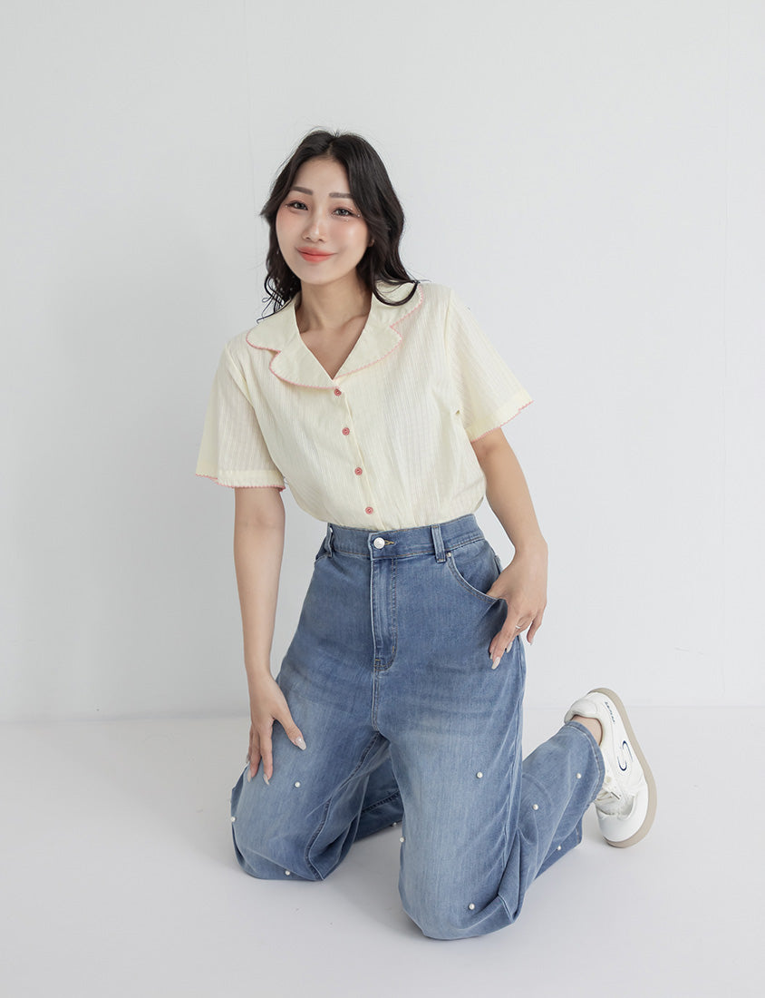 Cute Jacquard Contrast Cuban Collar Plus Size Shirt