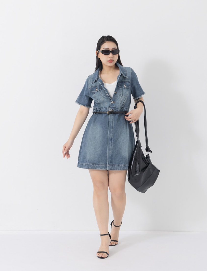 2-Way Stitch Detail Plus Size Denim Mini Dress
