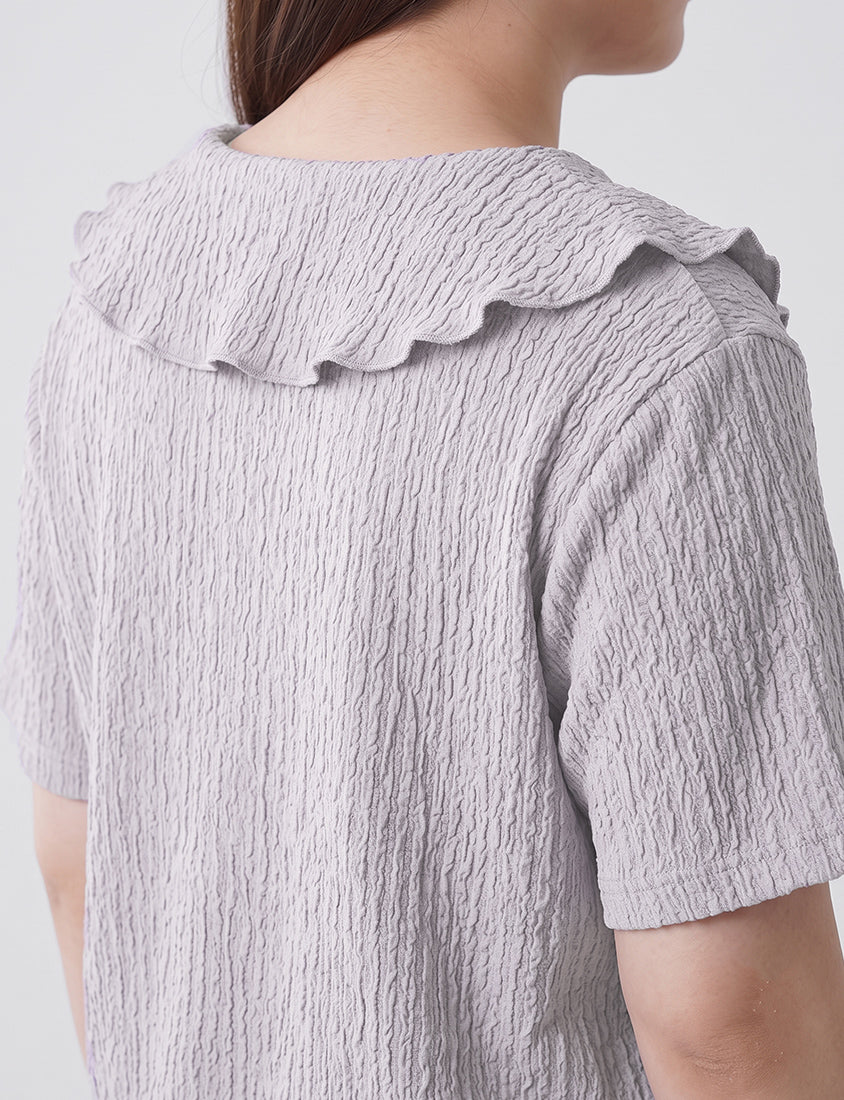 Collared Crinkle Faux Button Short Sleeve Top