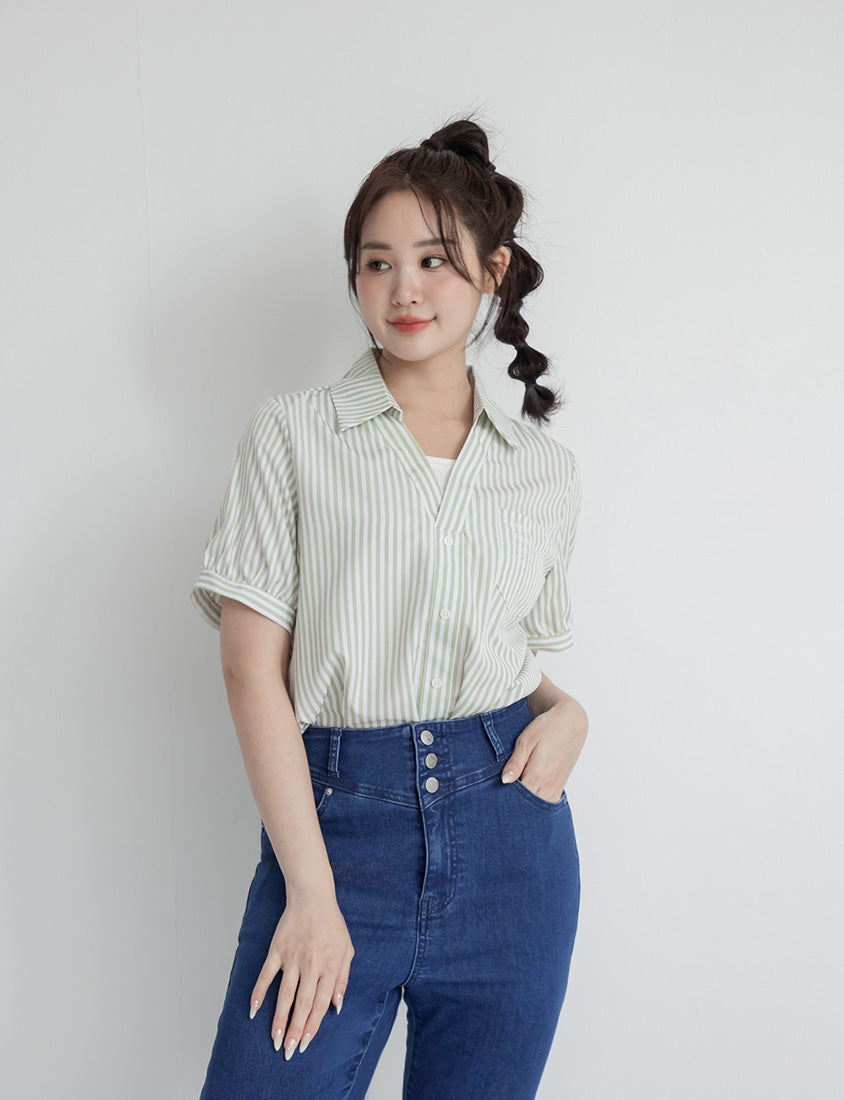 Faux Two Piece Stripe Collar Plus Size Top