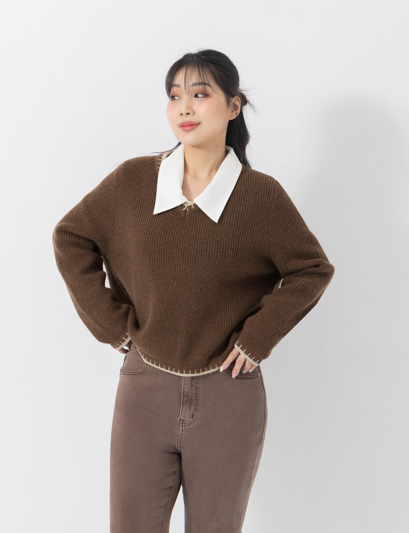 Contrast Trim Multi-Color Plus Size V-Neck Knit Top