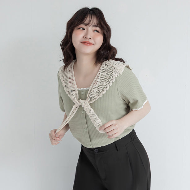 Lace Square Neck Waffle Plus Size Knit Top