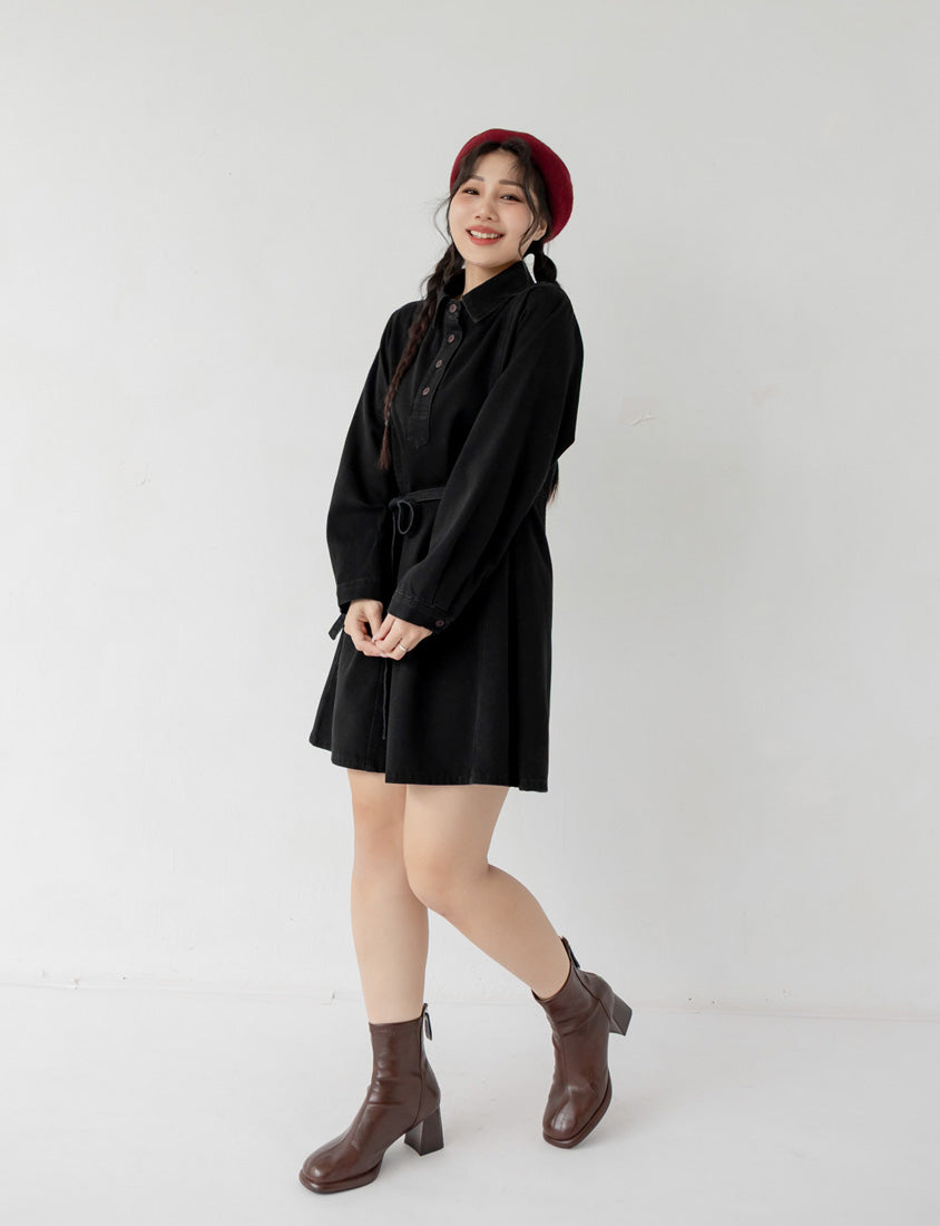 Denim Long Sleeve Tie-Front A-Line Plus Size Mini Dress