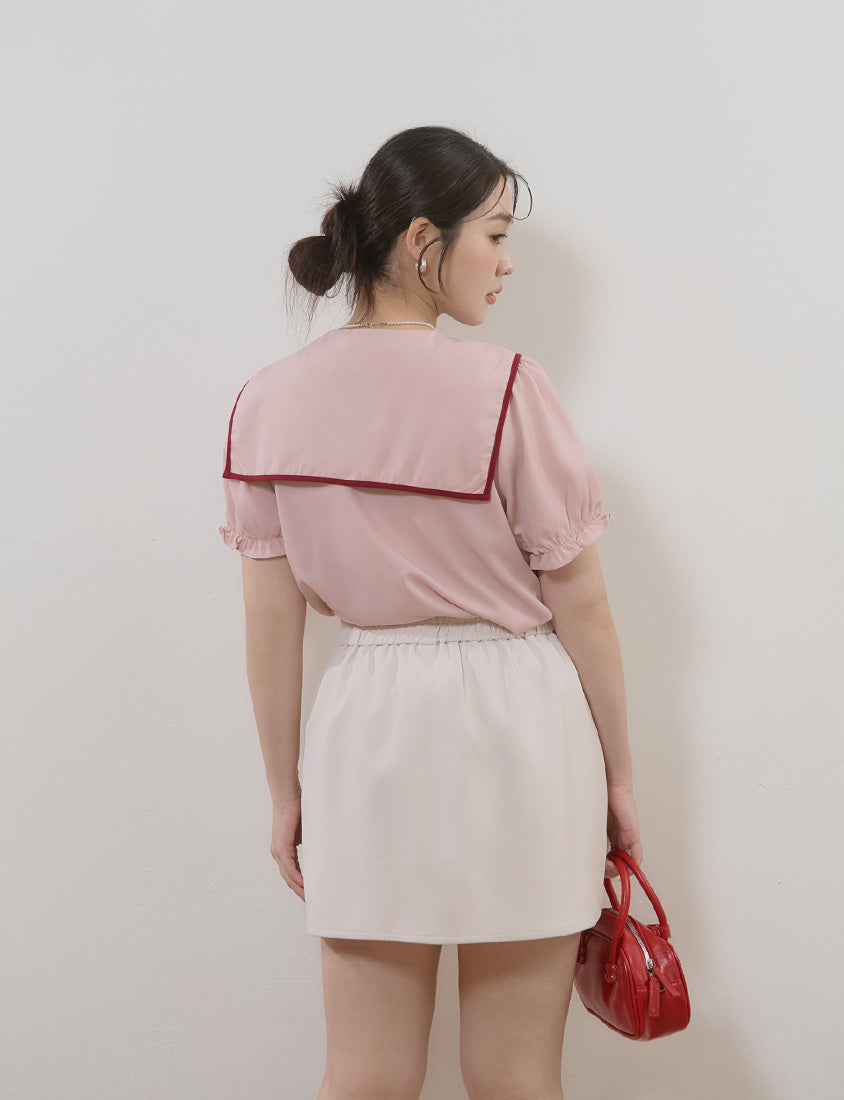 MISS. Contrast Doll Collar Heart Button Plus Size Shirt