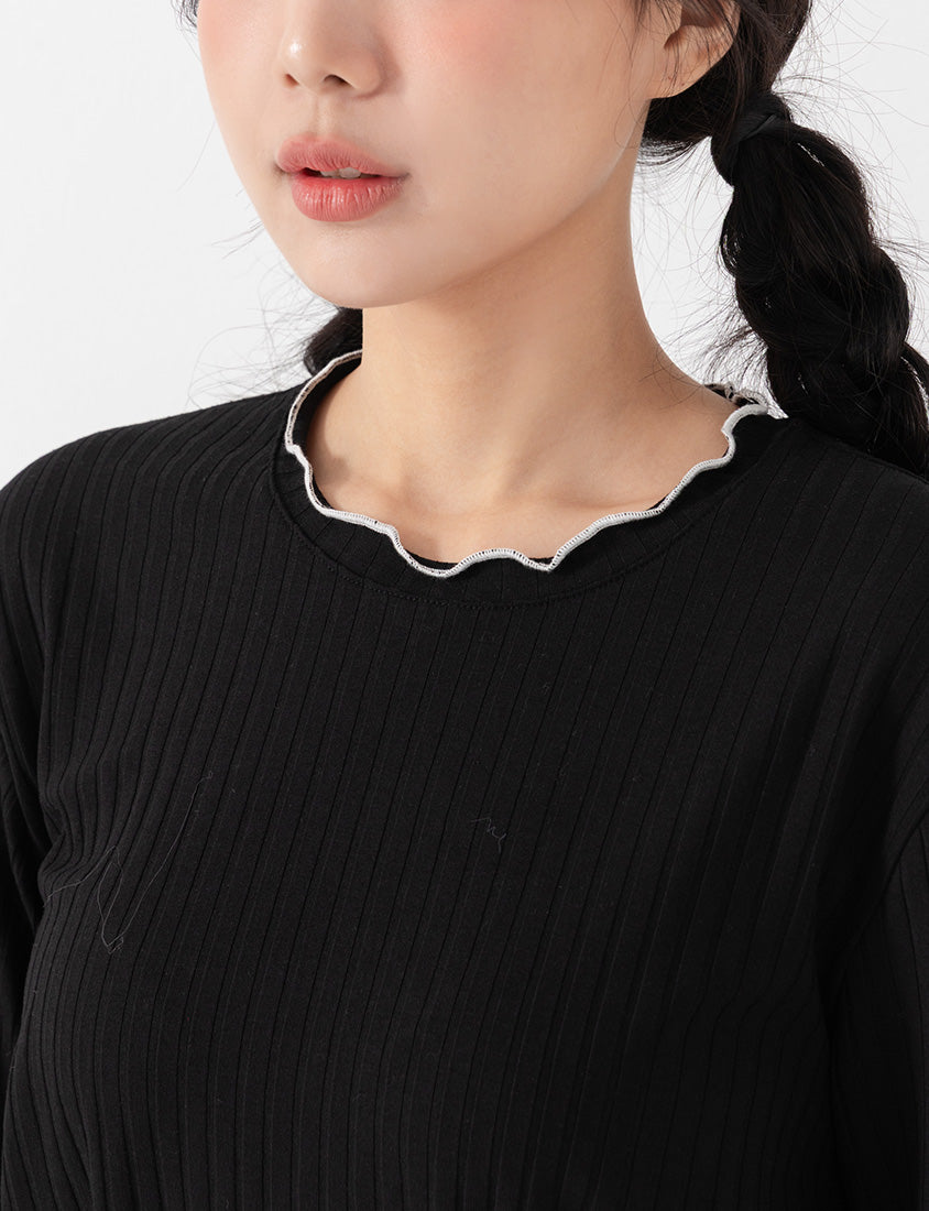 Soft Wide Ribbed Ruffle-Trim Long Sleeve Plus Size Top