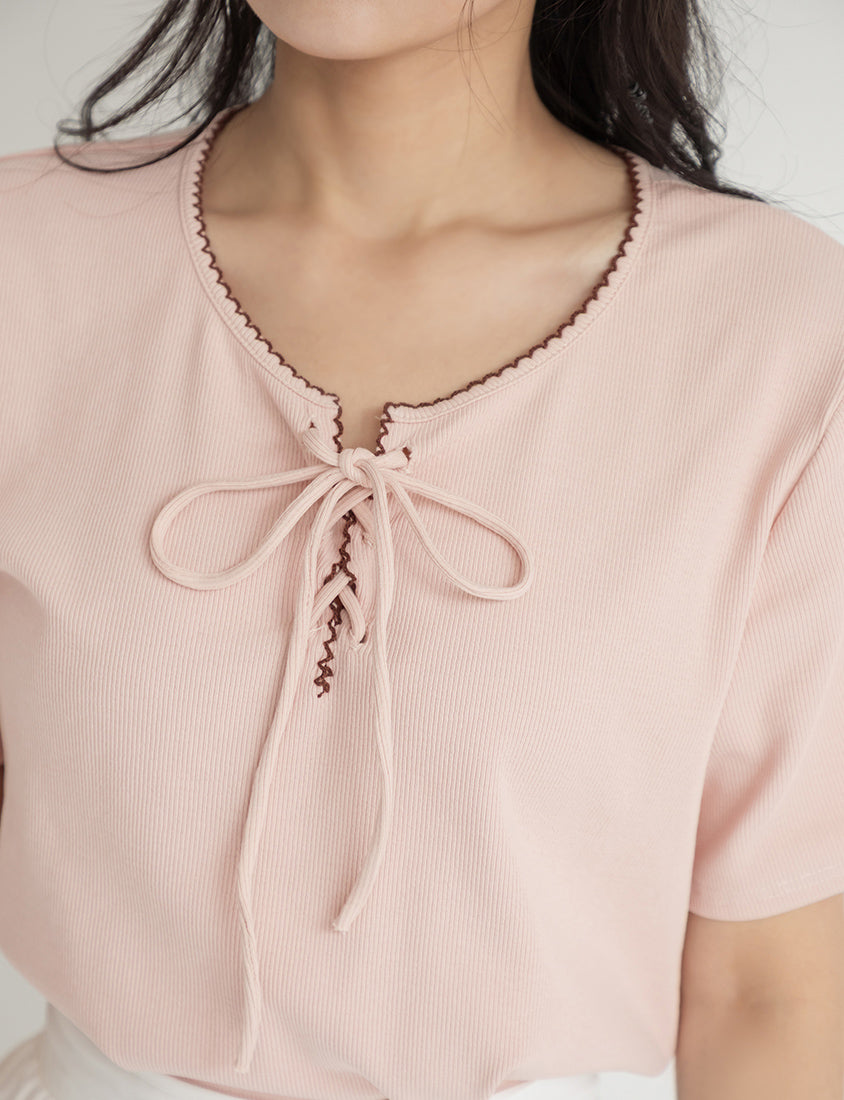 Ruffle Trim Ribbed Tie Front Short Sleeve Plus Size Top