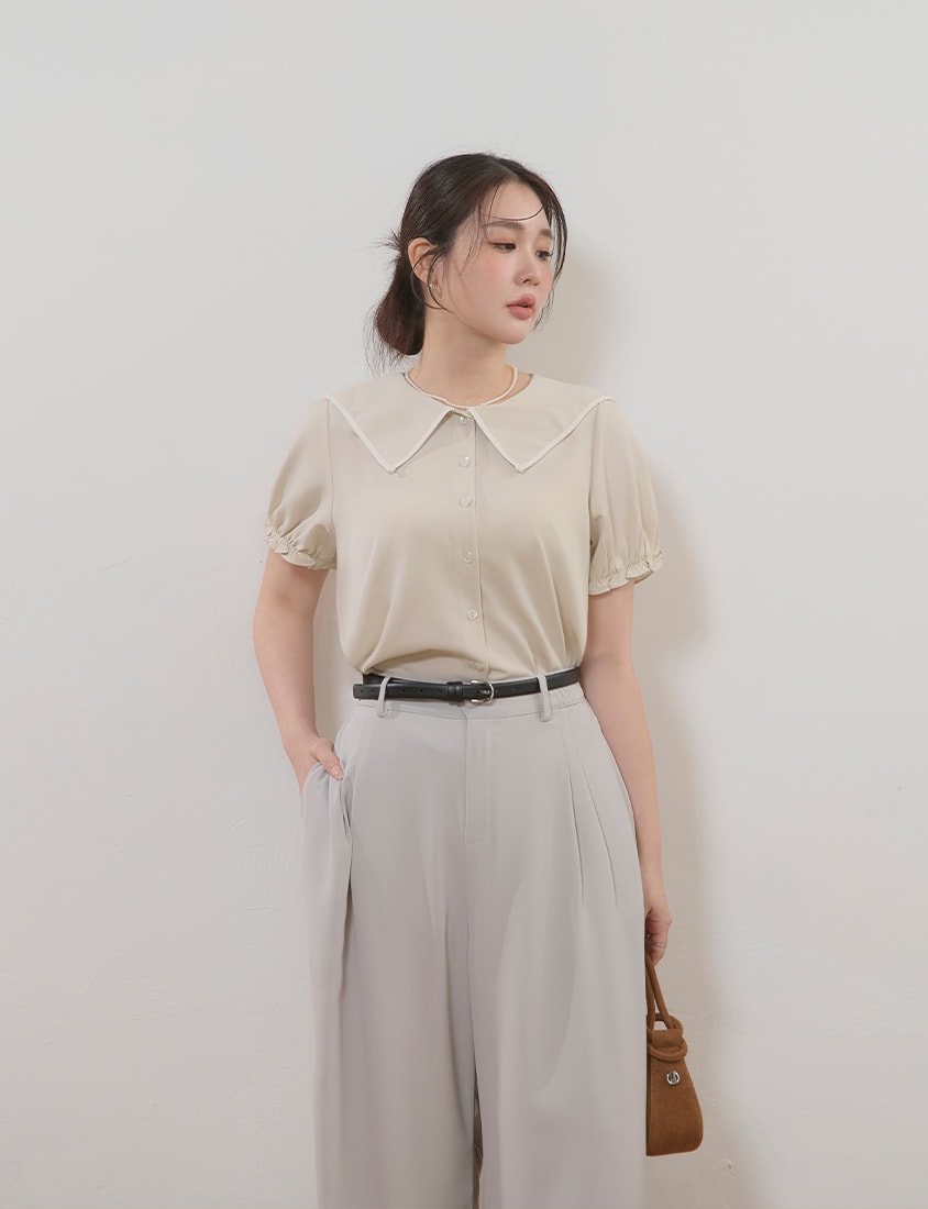 MISS. Contrast Doll Collar Heart Button Plus Size Shirt