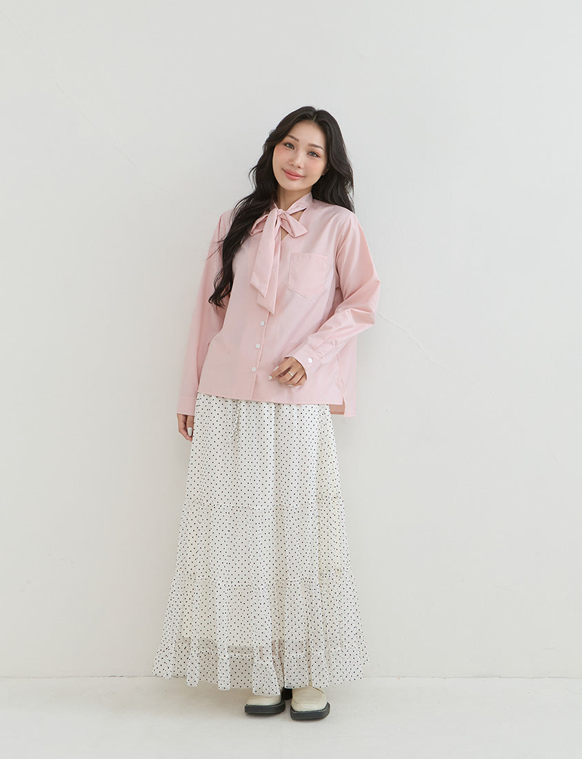 Korean Style Tie Neck Long Sleeve Plus Size Blouse