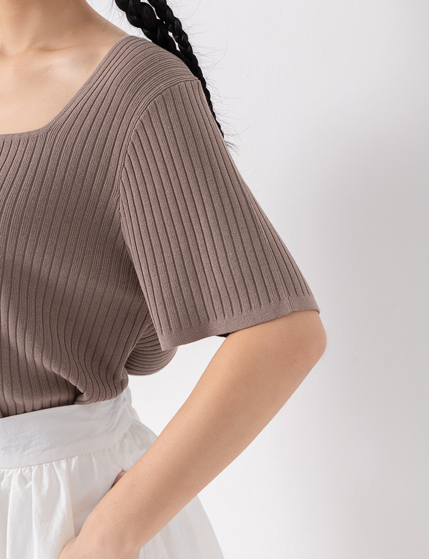 Classic Multicolor Square Neck Ribbed Knit Plus Size Top