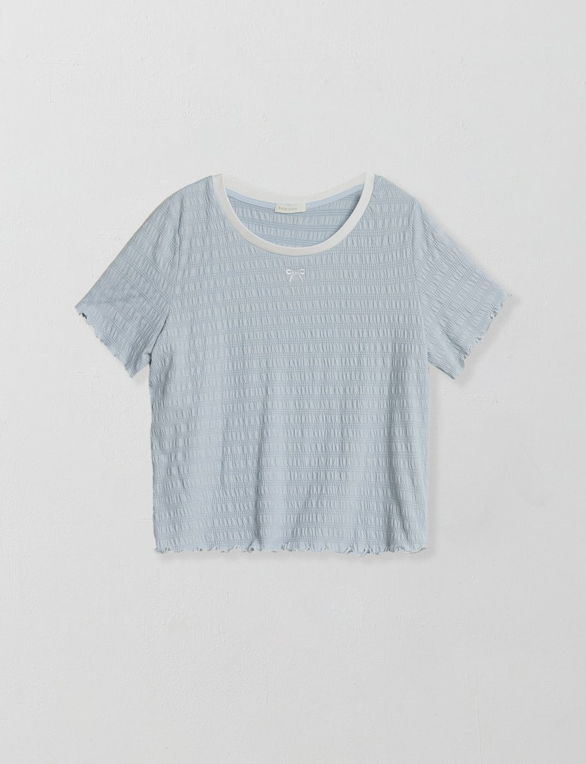 Bow Embroidery Ruffle Crinkle Plus Size Top