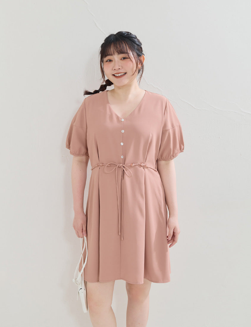 Faux Button Beaded Drawstring V-Neck Plus Size Mini Dress