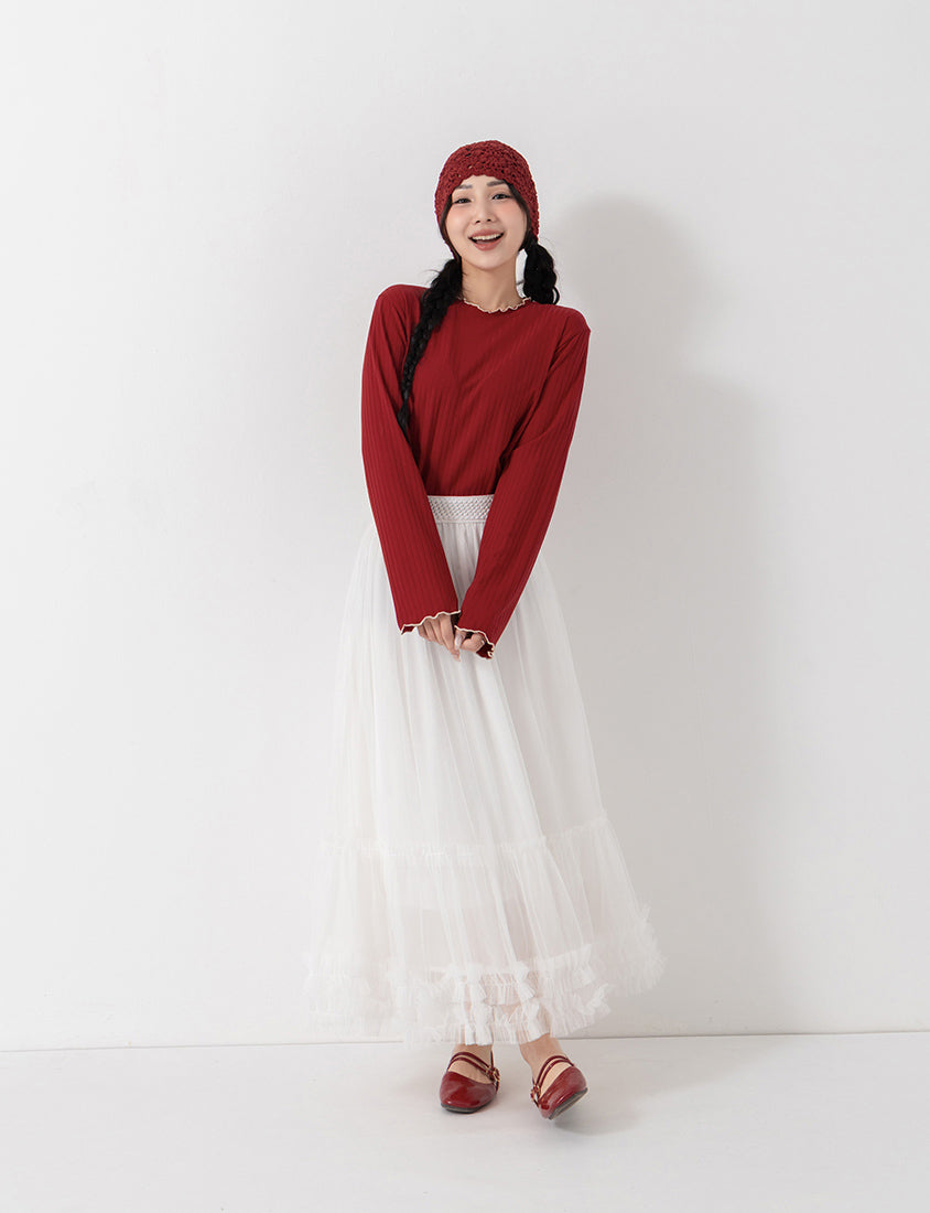 Soft Wide Ribbed Ruffle-Trim Long Sleeve Plus Size Top