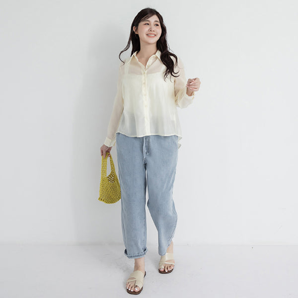 Tencel Silky Sheer Back Slit Tie-Front Plus Size Shirt