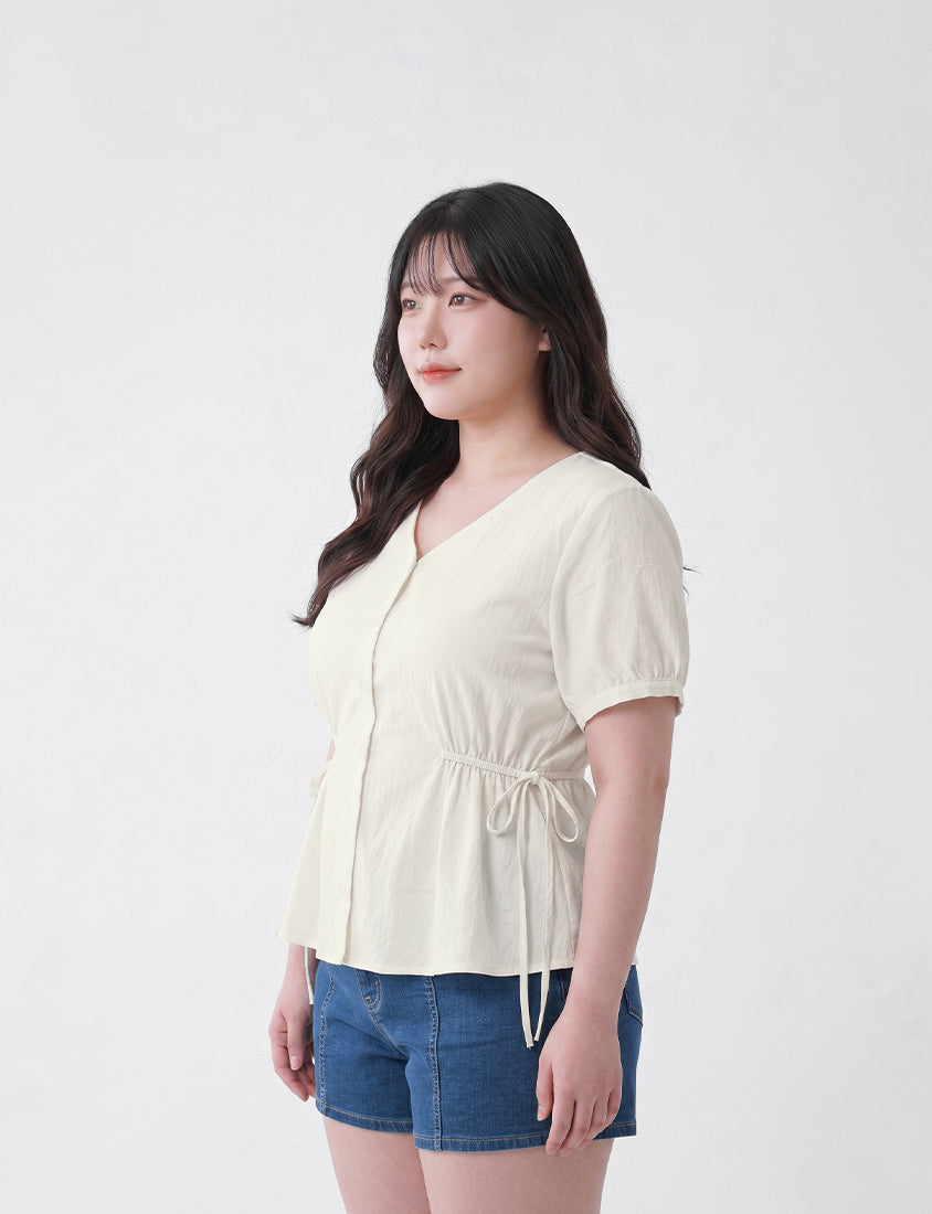V-Neck Button Front Tie Waist Plus Size Top