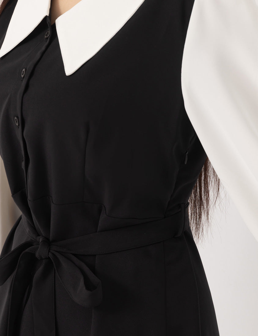 MISS. Faux Two Piece Chiffon Plus Size Long Sleeve Dress (With Waist Tie)