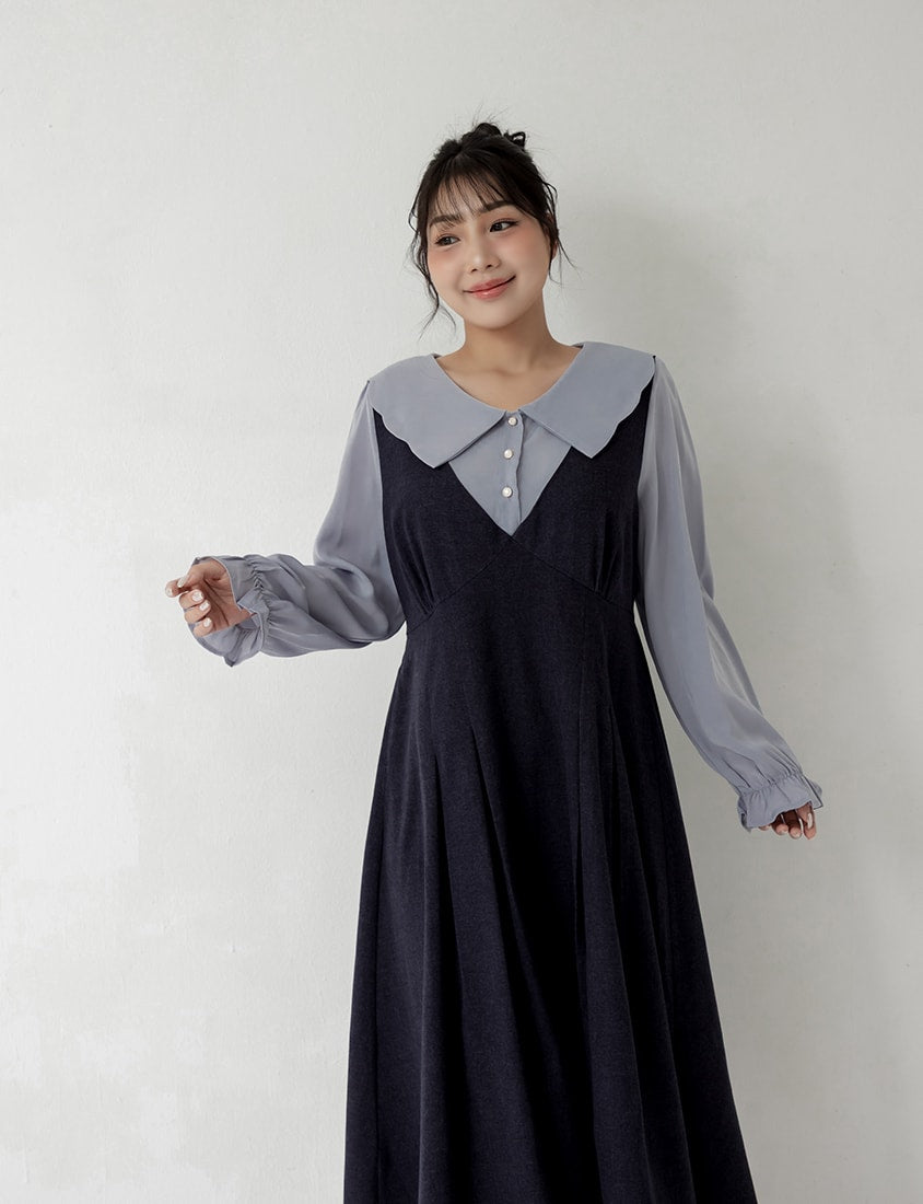Faux Two Piece Contrast Pearl Button Plus Size Maxi Dress