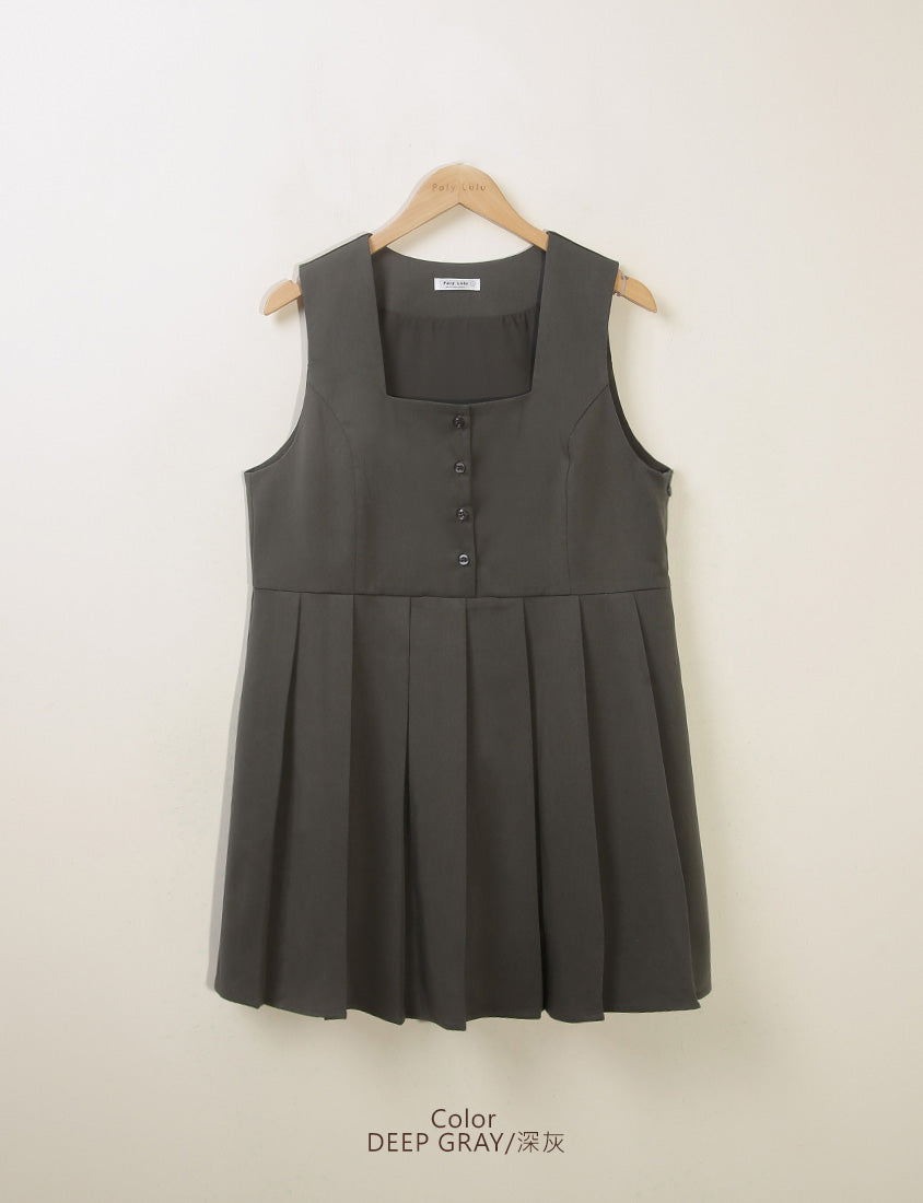 Square Neck Button Pleated Plus Size Mini Dress