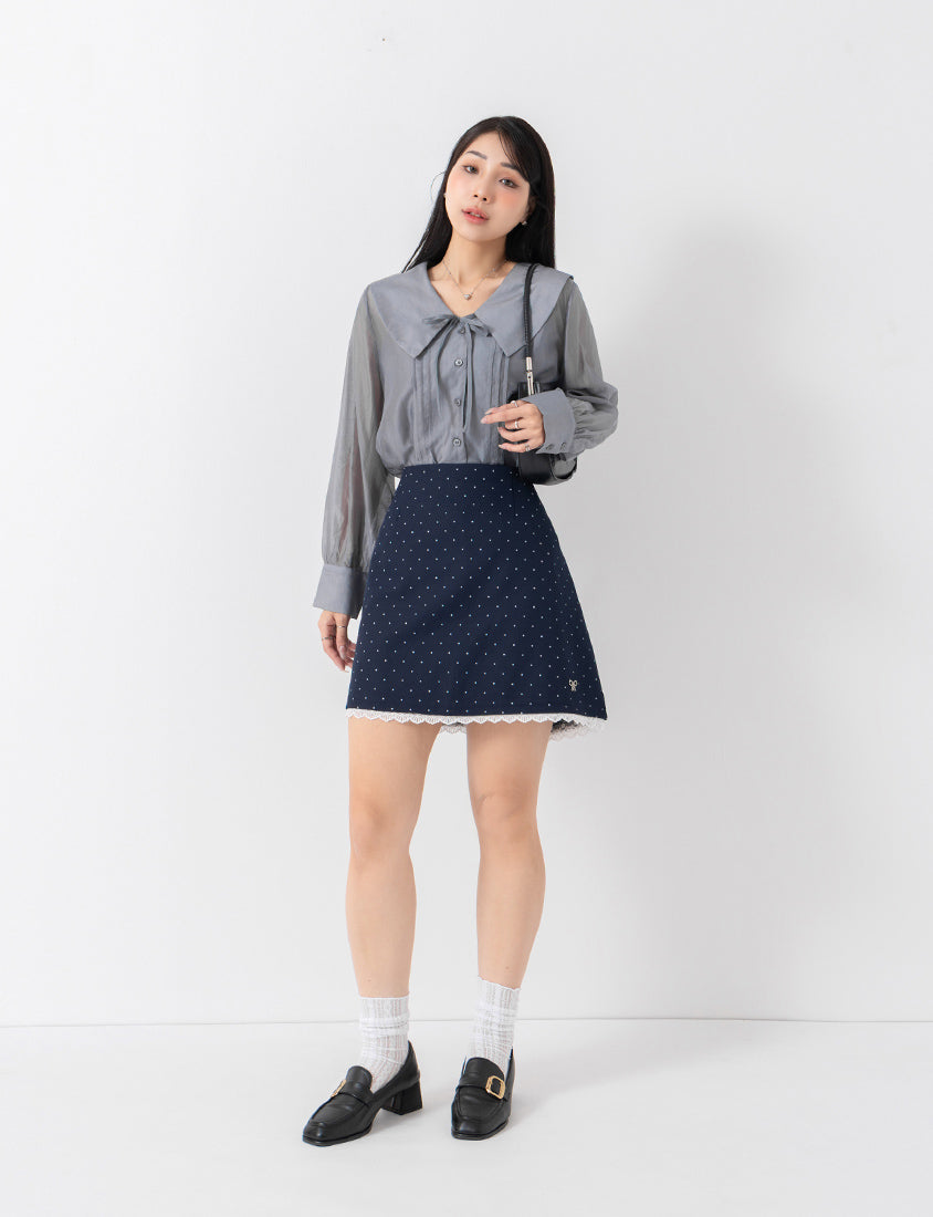 MISS. Lace Trim Polka Dot Tailored A-Line Suit Plus Size Mini Skirt