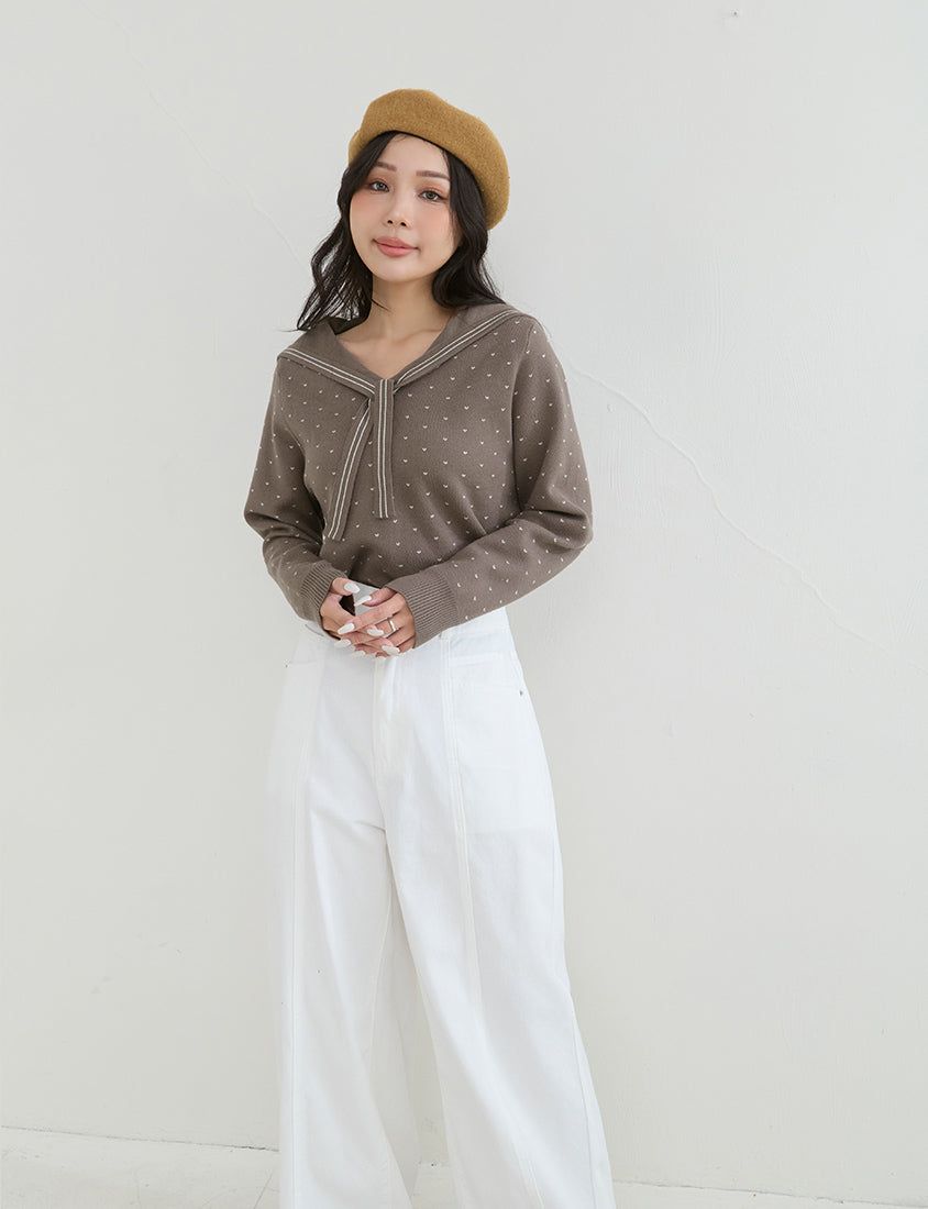 Sweet Heart Sailor Collar Long Sleeve Knit Plus SizeTop